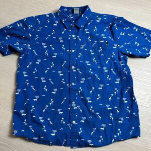 LRG Men's XL Blue/White Safari Print Short Sleeve Button-Front Shirt Streetwear